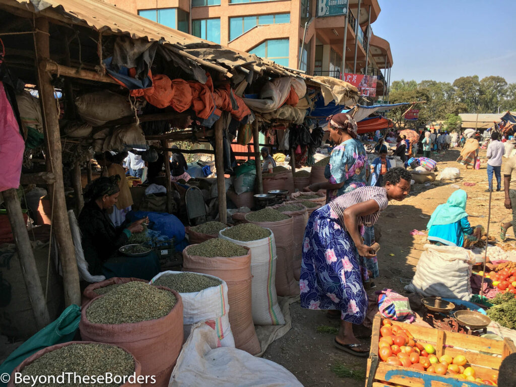 Selling grains in the market in Bahir Dar, Ethiopia.