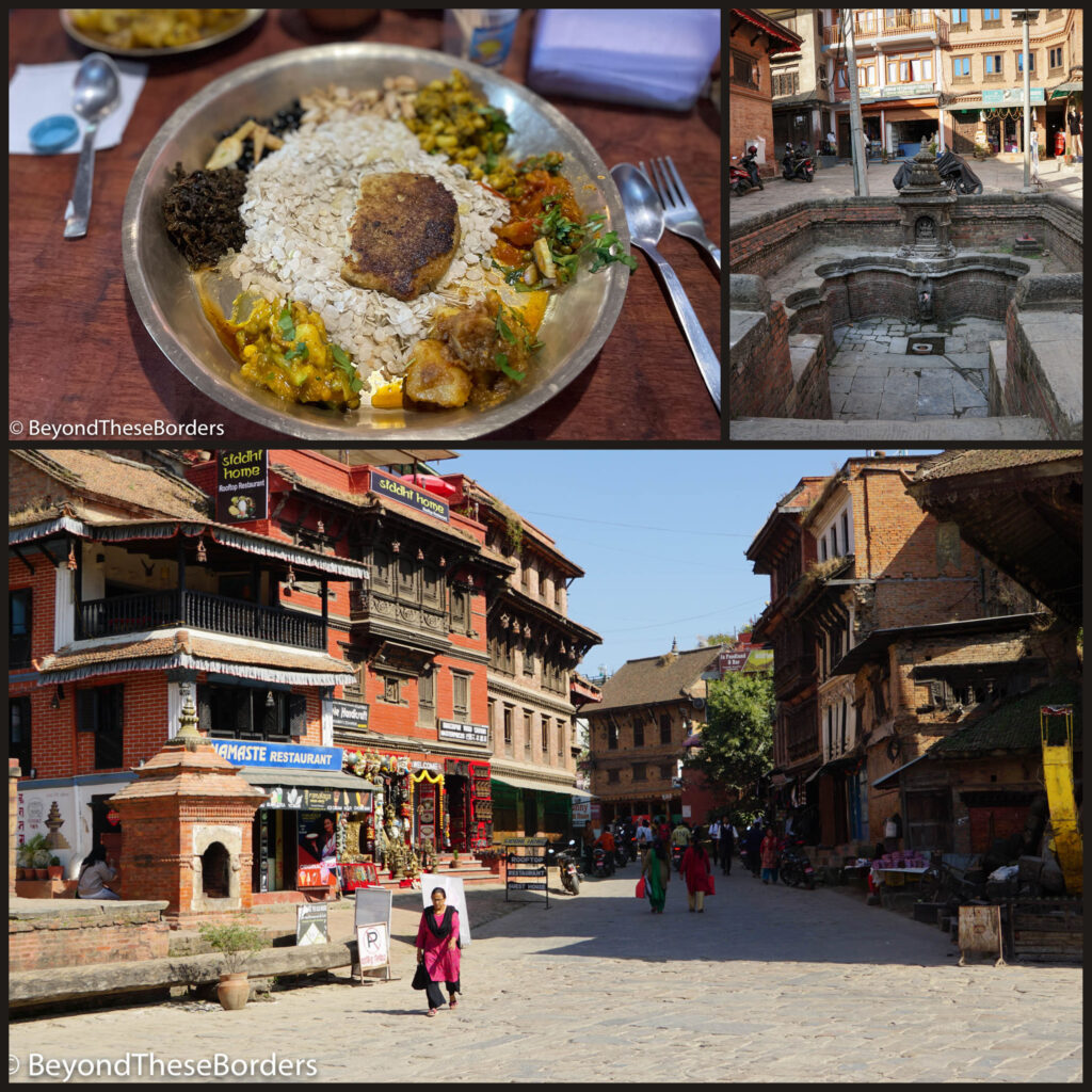 Bhaktapur.  Top left:  Traditional Newari food, spicy vegetables and beaten rice.  Top right:  A small step well.  Bottom:  Street view in Bhatapur showing brick buildings and locals walking.