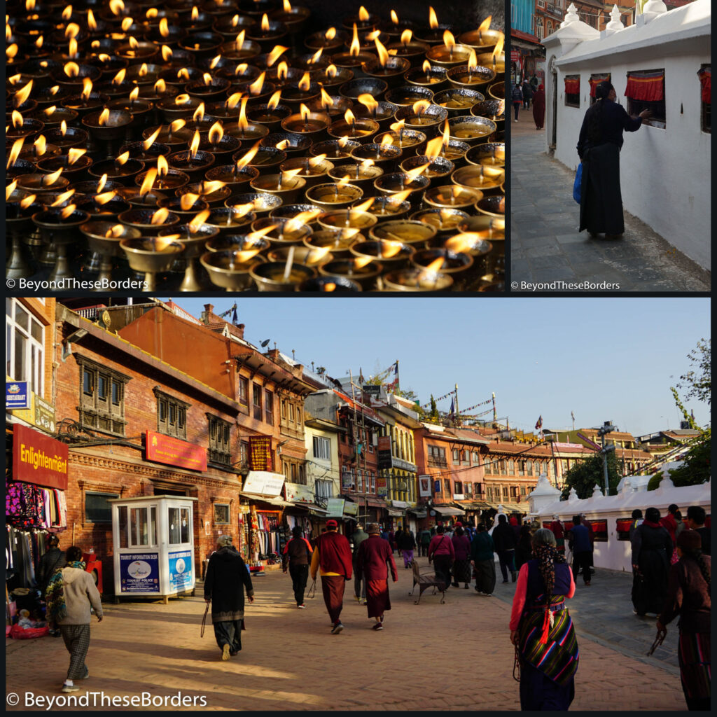 Top left:  small candles burning near the stupa.  Top right:  woman spinning prayer wheel as she walks around the stupa.  Bottom:  Many people walking around Boudhanath Stupa in the morning.