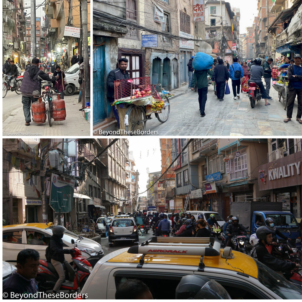Streets of Thamel, Kathmandu.  Top left:  Man transporting heavy gas tanks on his bike.  Top right:  Busy small street with motor-bikes, pedestrians, and man selling fruit from his bike.  Bottom:  chaos of cars and motor-bikes going every direction.