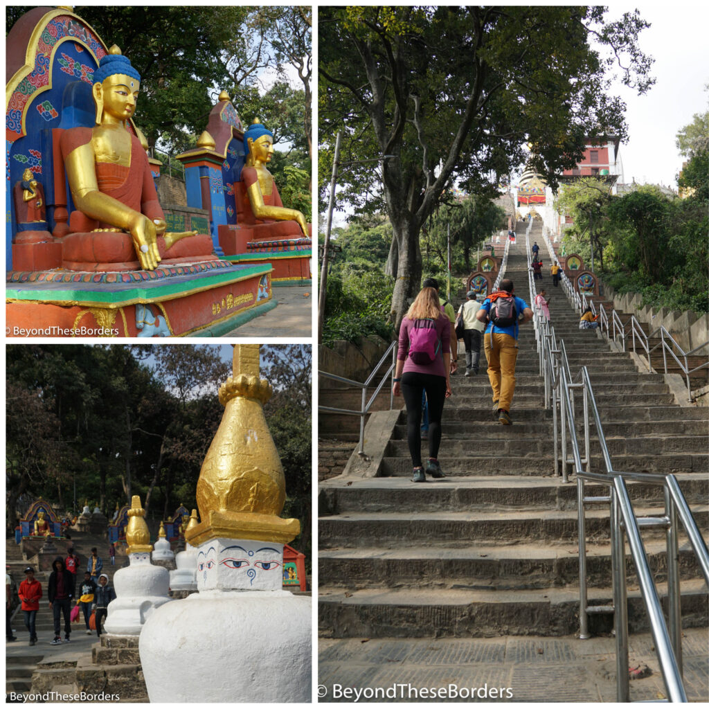 At the base of Monkey Temple.  Top left:  2 golden buddhas.  Bottom left:  small white stupas. Right:  people walking up the tall flight of stairs up to the temple complex.