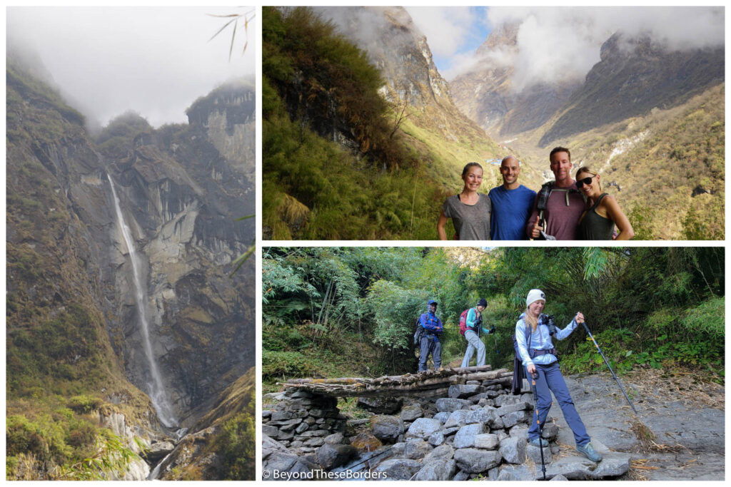 3 photos.  1:  A thin, tall waterfall dropping along the cliff.  Fog hovering over the tops of the hills. 2:  My friends and I in front of the cloud covered hills and valley we are heading towards. 3:  Me hiking holding my poles, just crossing a small log bridge.