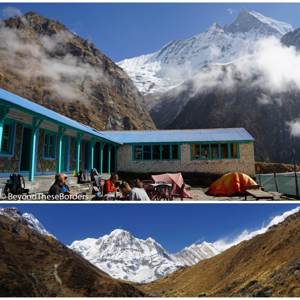 2 photos.  1:  Simple Machhapuchhare lodge with brown small mountains behind it and wispy clouds floating past them.  The towering snowy Machhapuchhare mountain rising up behind the smaller mountains. 2:  View towards Annapurnas from Machhapuchhare base camp.  Clear skies show line of white moutons cresting over the brown and green hills between us.
