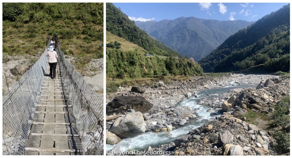 2 photos:  The wood bridge with some large spaces between planks.  Second photo is of the small river, rocks along the sides flowing in between green hills rising in the distance.