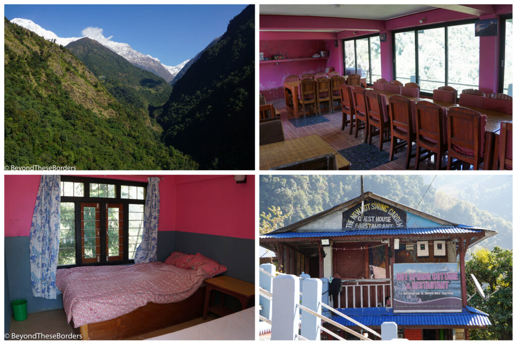 4 photos.  1:  View of layered green hills and just the top of the white Annapurnas visible above them.  This is the view from our lodge dinning area.  2:  Dining room.  Wood tables and chairs, pink walls, lots of windows. 3:  Bedroom with wind and blue walls, large window, wood  with thick blanket. 4:  View of outside of guesthouse wall.