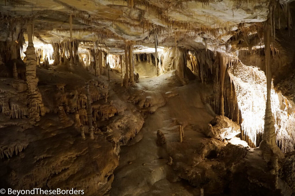 Cave room with high and low ceilings, stalagmites and stalagmites scattered everywhere.