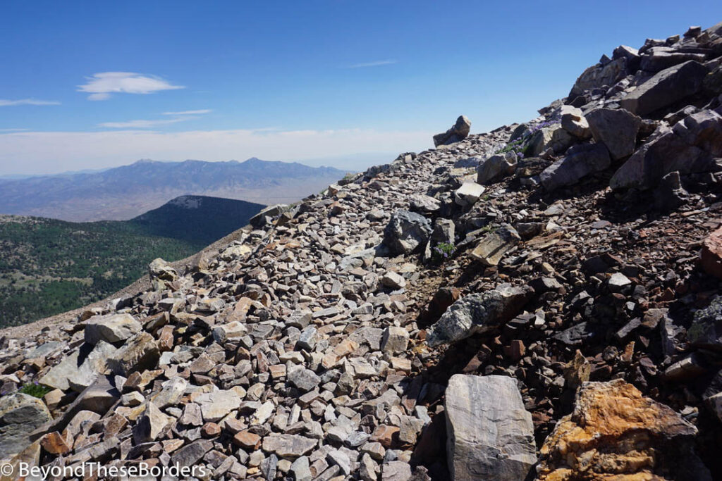 Rocky trail with a view over the edge to the desert.